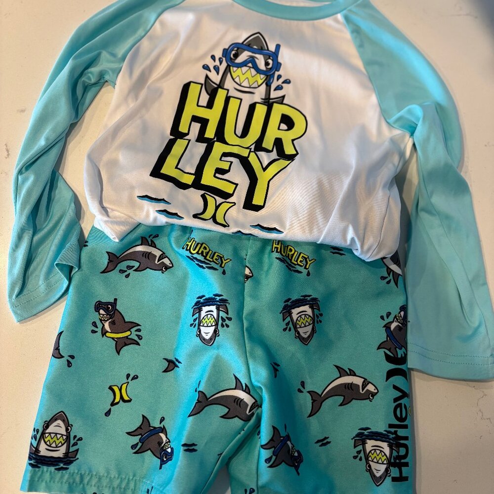 Hurley Kids Swim Trunks and Rash Guard Set - Blue and White